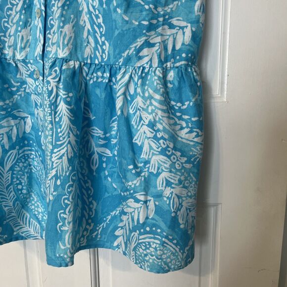 Talbots Linen Midi Dress Womens 8 Blue Floral Button Tie Collar Coastal Beach - Picture 3 of 9
